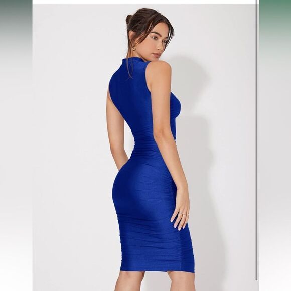 Women's Solid Sleeveless Mock Neck Knee Length Ruched Bodycon Dress Royal Blue - Picture 3 of 6